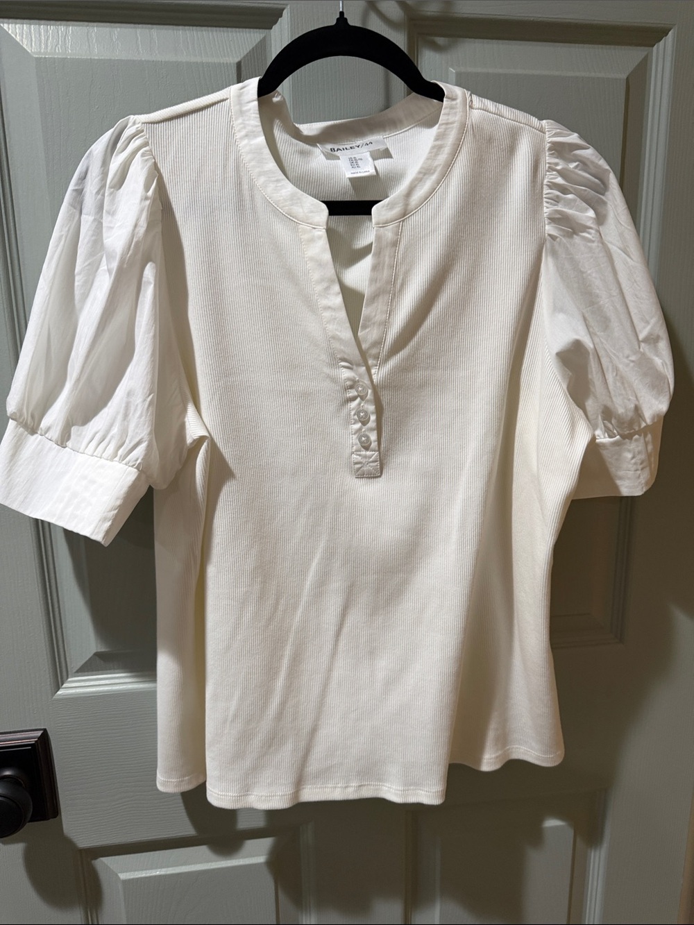 Bailey 44 Cream Puff-Sleeve Split-Neck Top